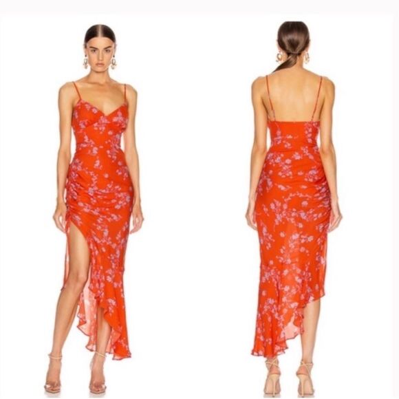 NICHOLAS Red Triangle Slip Asymmetrical Floral Strap Silk Maxi Dress 10 - Picture 1 of 9